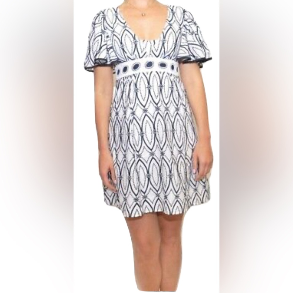 Nanette Lepore So Sincere Embroidered V-Neck Fit & Flare Dress White Navy 12 New